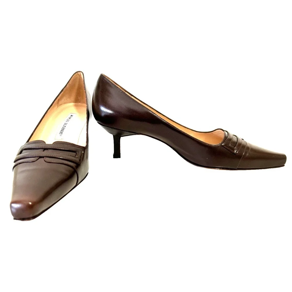 NIB Vintage Manolo Blahnik Anfo Calf Brown Leather Loafer Kitten Heel Pumps 38